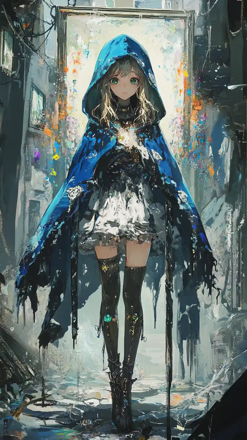 Chica de anime con largo abrigo azul con capucha y ojos dorados