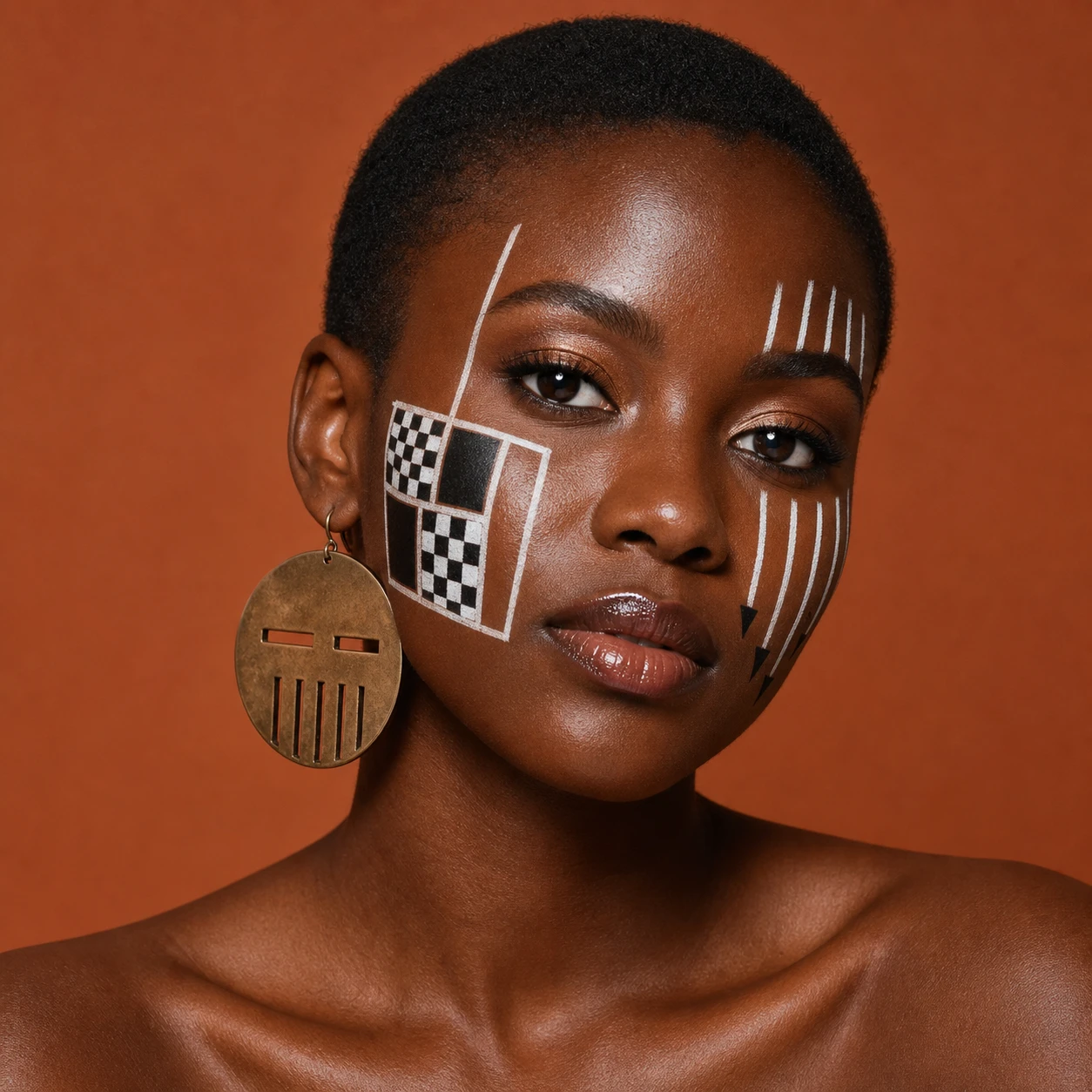 Jovem mulher com pintura facial geométrica em fundo terracota