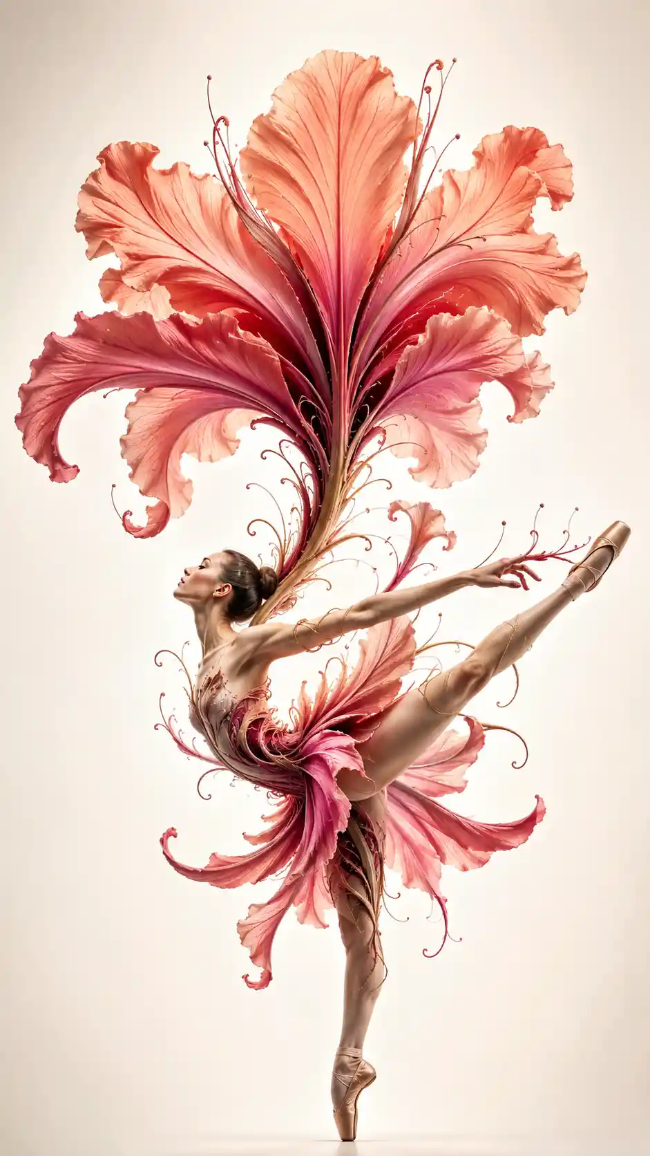 Surreal ballerina fused with blooming botanical spine