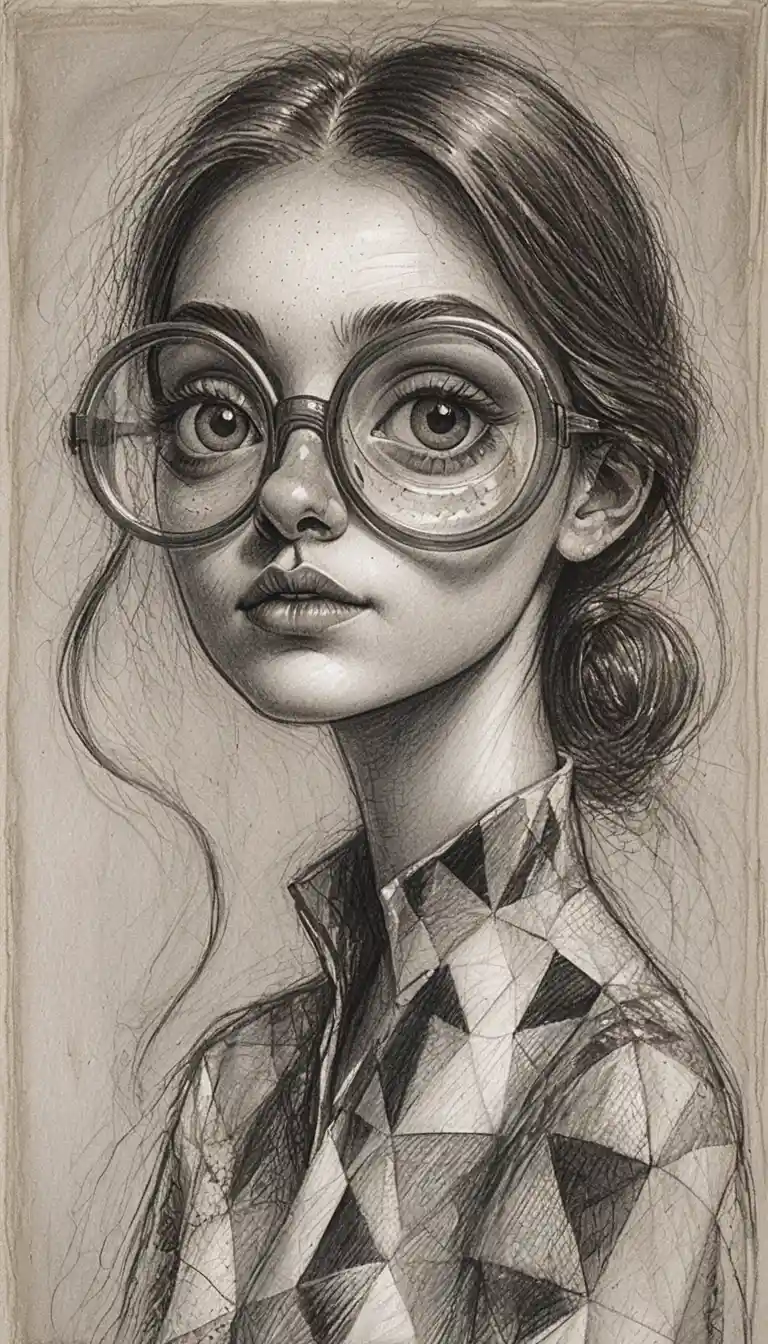 Retrato en grafito de una mujer joven con gafas redondas extragrandes