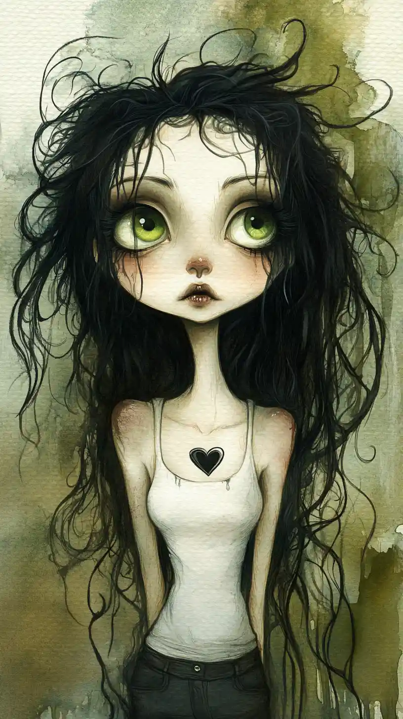 Gothic full body portrait of a pale woman with wild hair