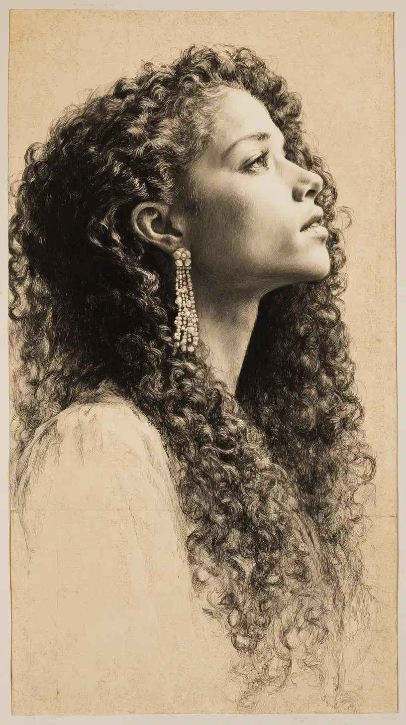 Charcoal profile portrait of a contemplative woman with curls