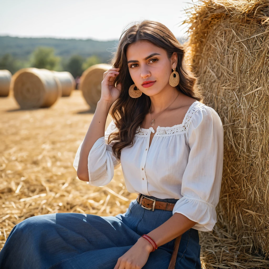 Jovem espanhola sentada em fardo de feno no rodeio