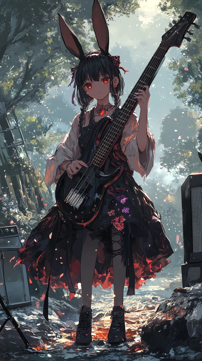 Chica anime tocando la guitarra junto a una fogata en la playa