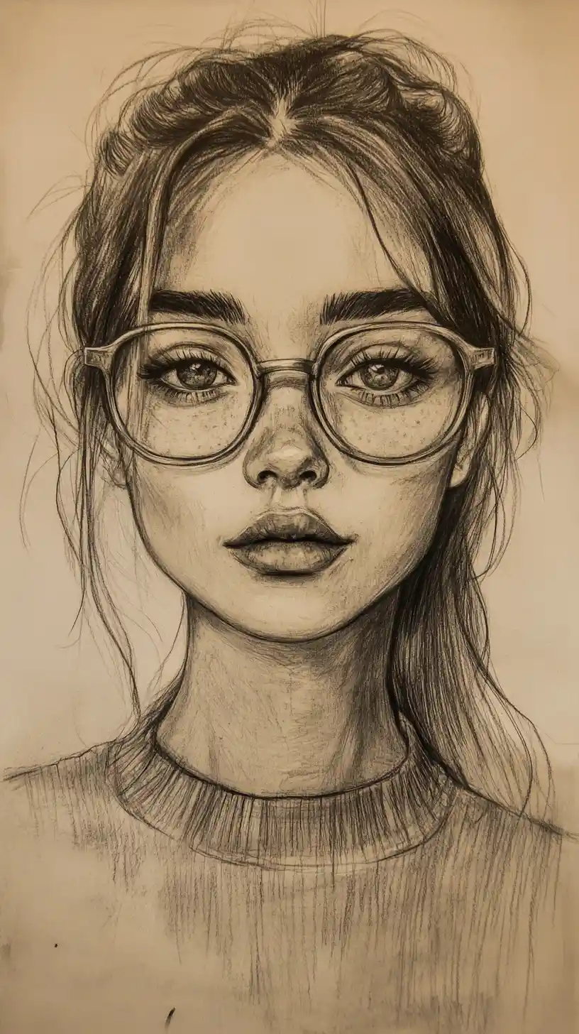 Retrato estilizado en grafito de una chica con gafas redondas extragrandes