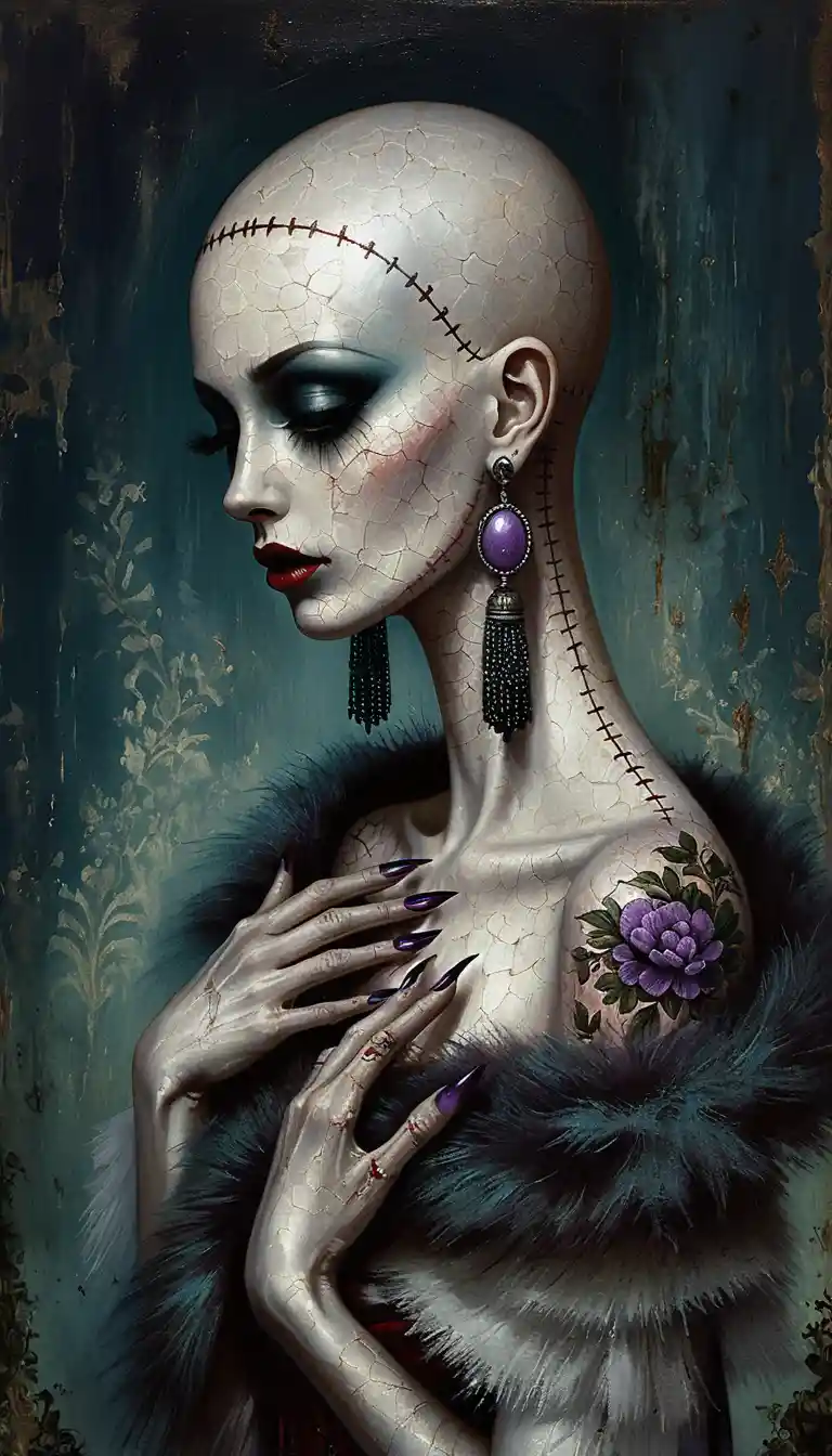 Retrato surreal de uma mulher de porcelana costurada em perfil