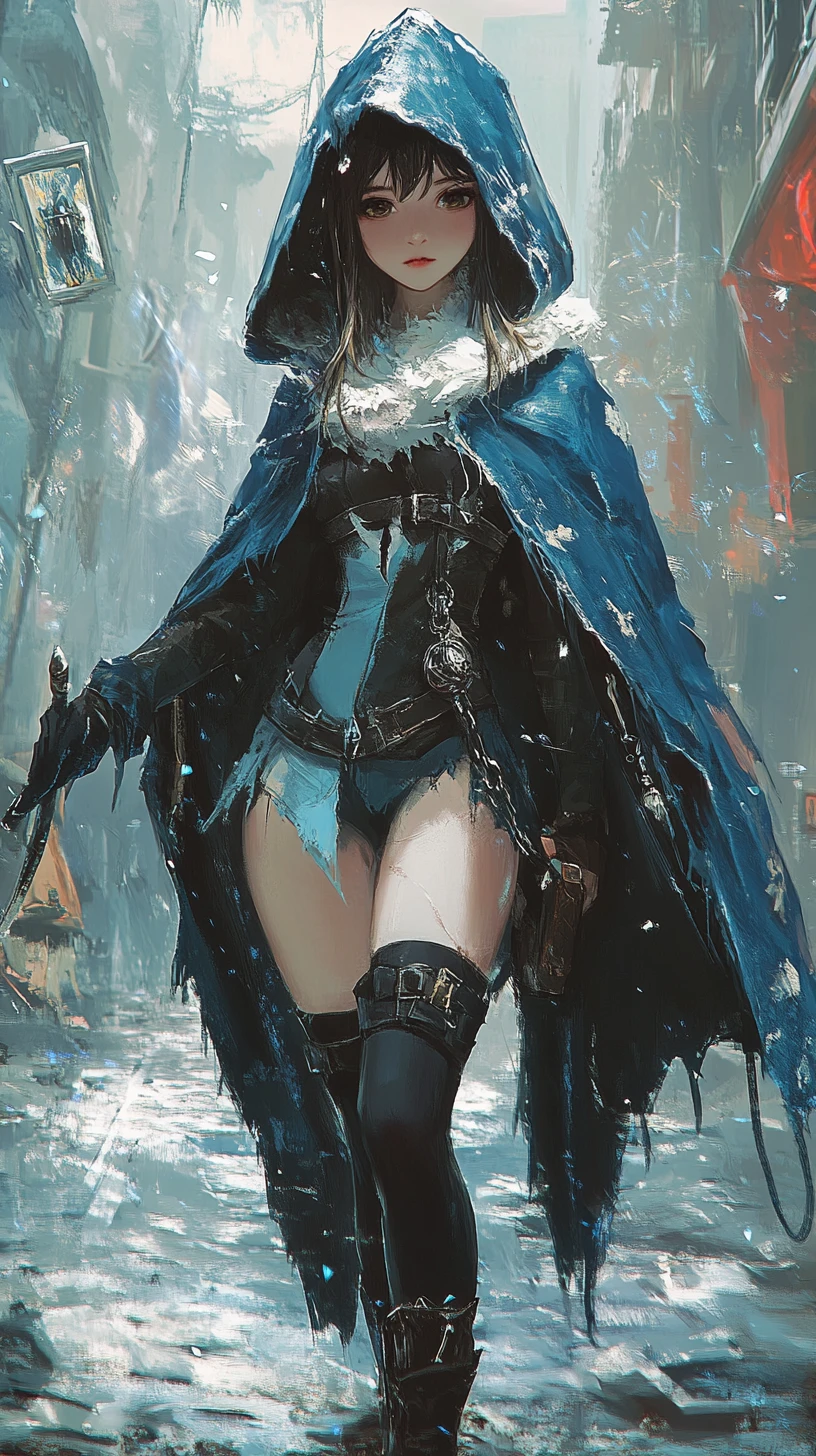 Chica de anime ominosa con un largo abrigo de invierno azul con capucha