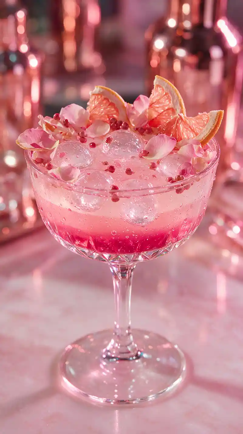 Layered pink cocktail in crystal coupe on marble steps