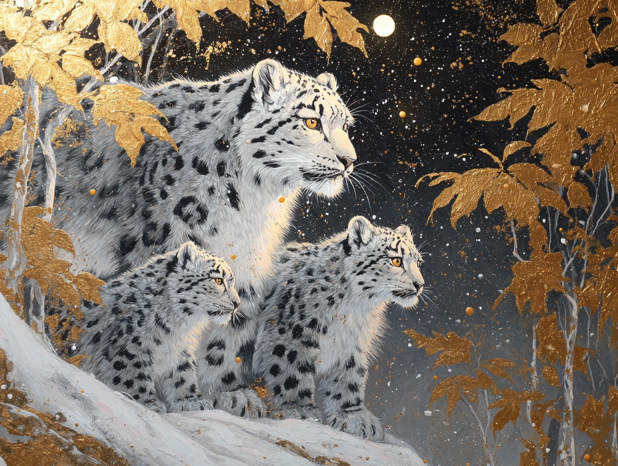 Madre de leopardo de las nieves y cachorros en un bosque dorado a la luz de la luna