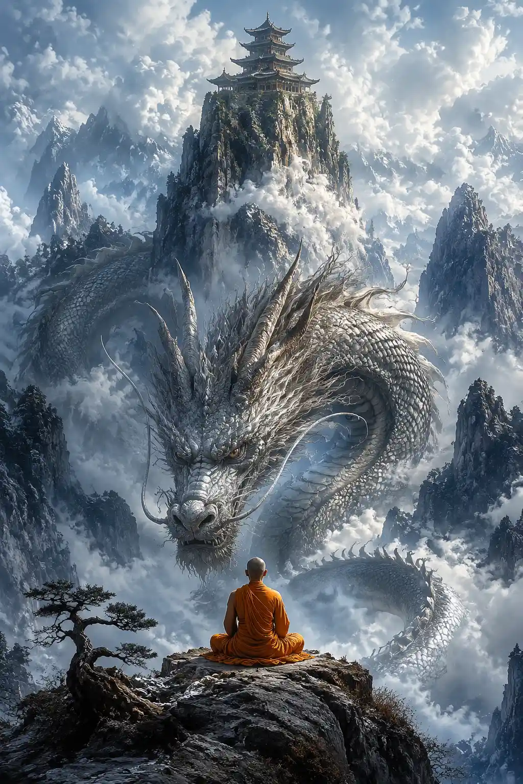 Monje Meditando Frente a un Dragón en Paisaje Montañoso Nebuloso