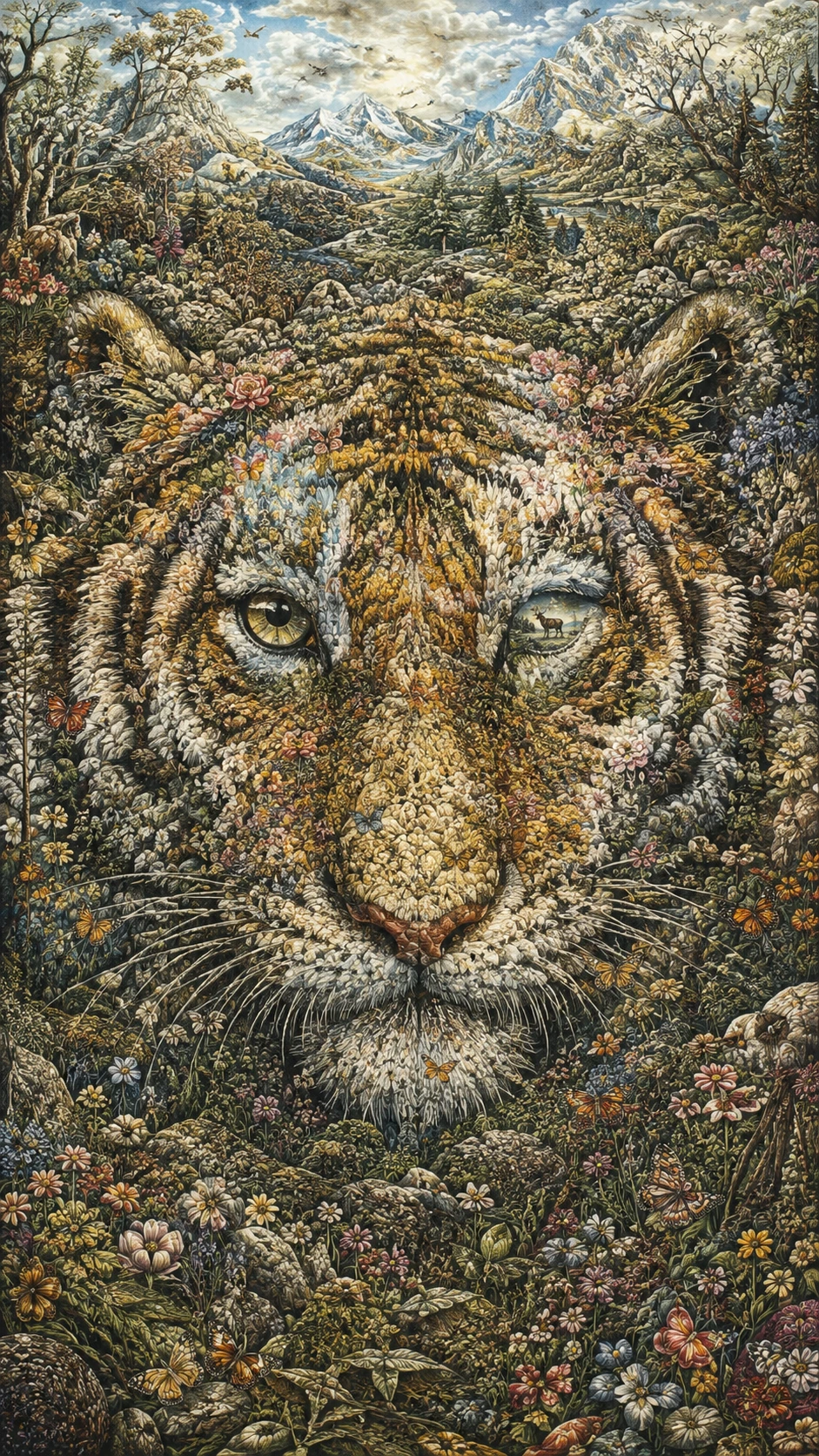 Paisagem floral surreal formando o rosto oculto de um tigre