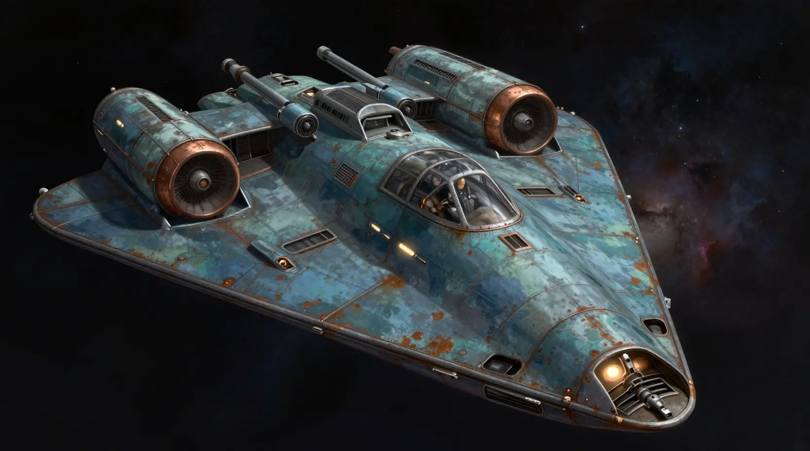 Nave espacial retrofuturista con piloto en el espacio profundo