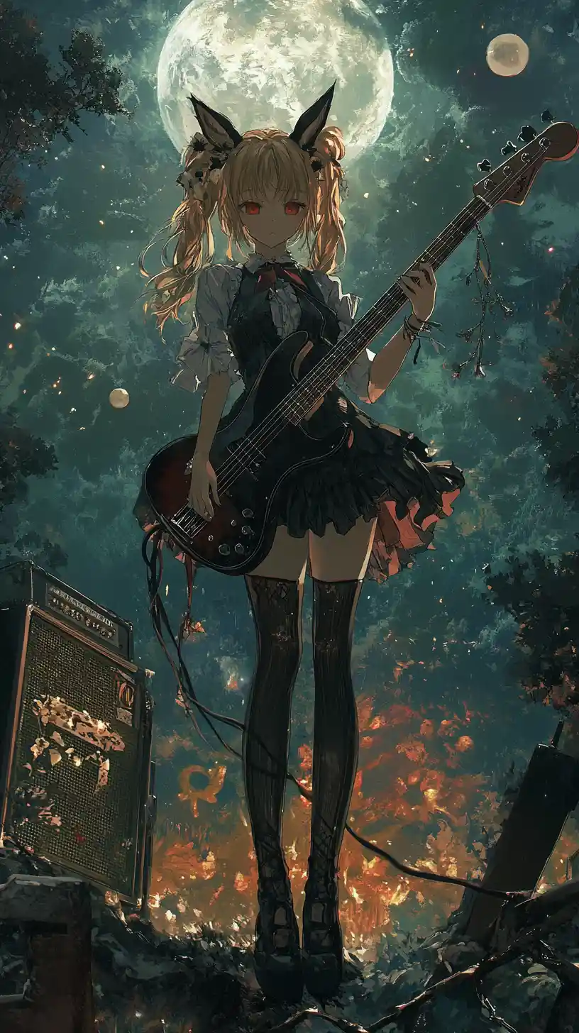 Anime girl playing guitar by a bonfire on the beach