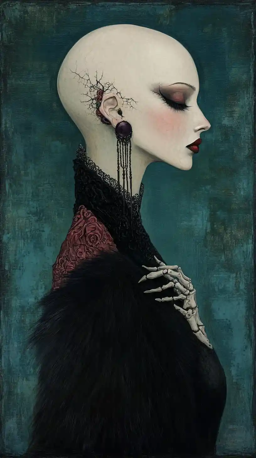 Retrato gótico surrealista de una mujer calva de porcelana cosida