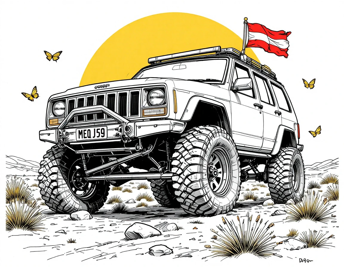 Ilustración de Jeep Cherokee elevado en audaz escena desértica
