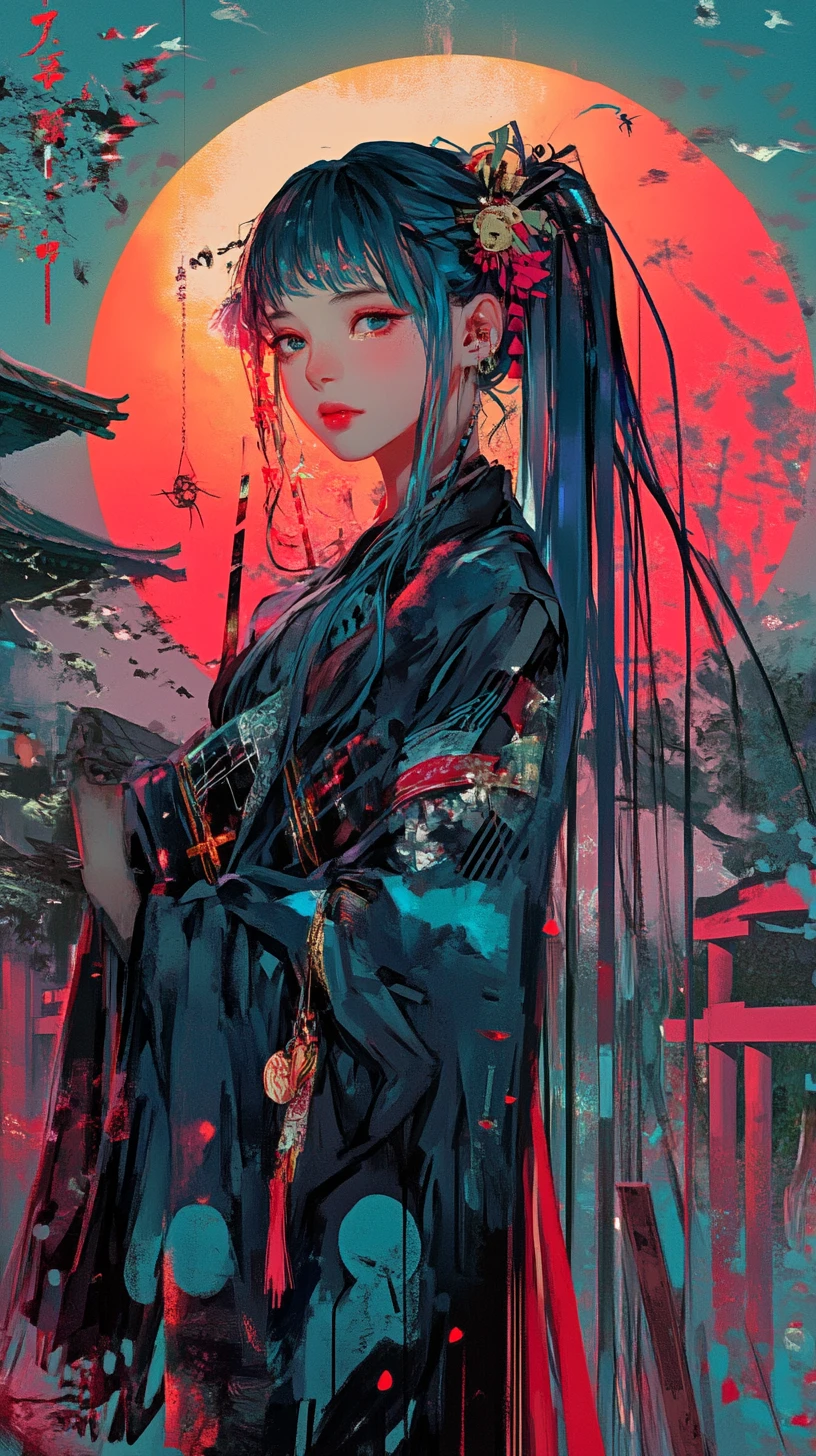 Chica de anime de pelo azul con atuendo futurista junto a la chimenea