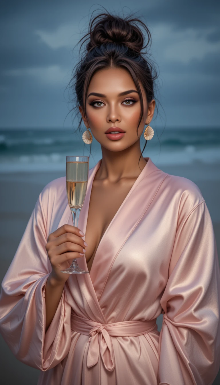 Mulher elegante em robe de seda com champanhe na praia