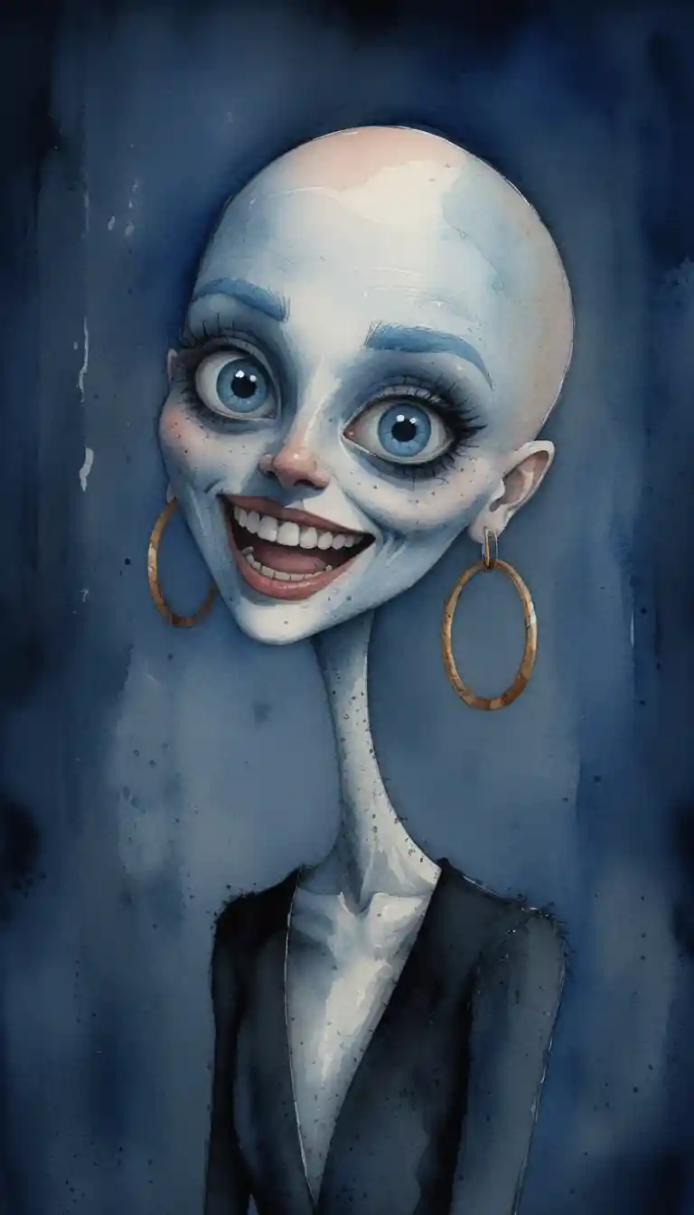 Dark fantasy caricature of a bald woman with long neck