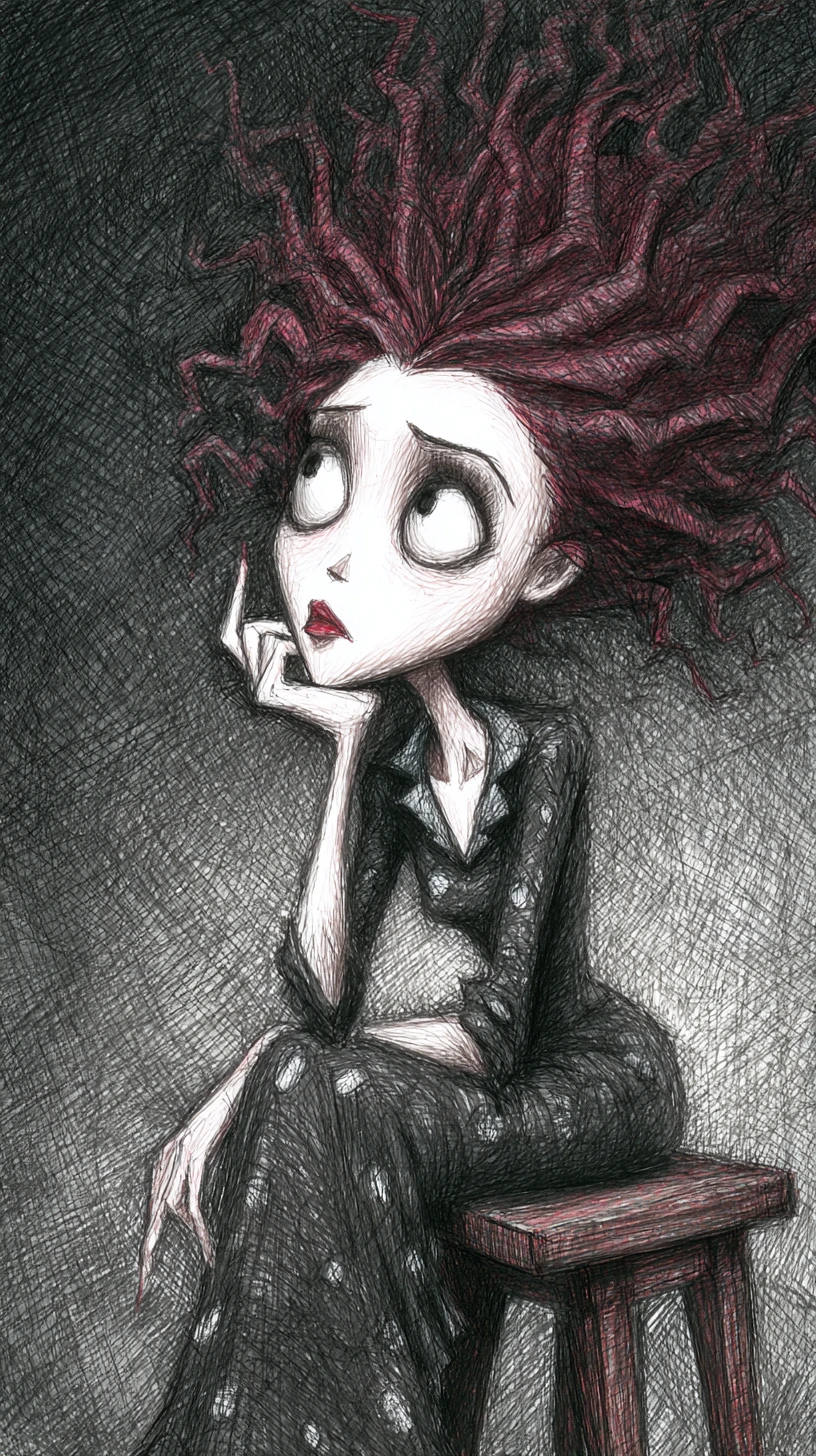 Melancholic charcoal woman on wooden stool in side light