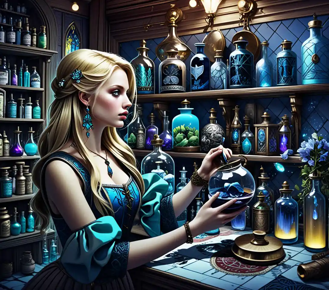 Blonde apothecary woman taking inventory in fantasy shop