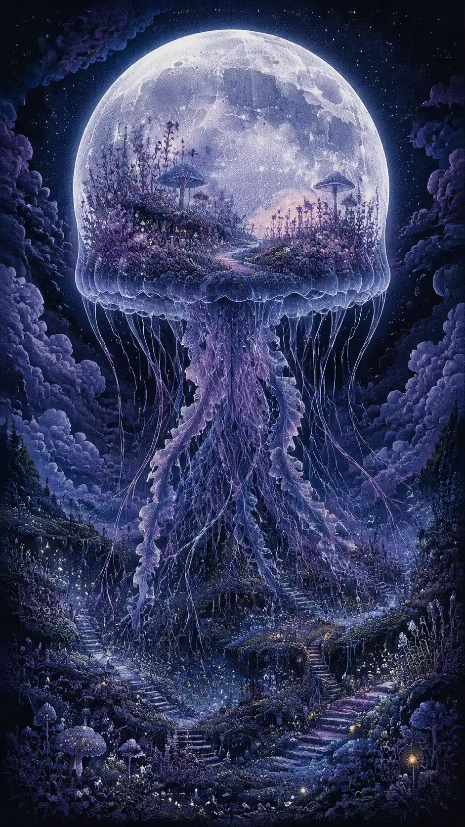 Gigantesca água-viva ao luar com um jardim encantado em seu interior