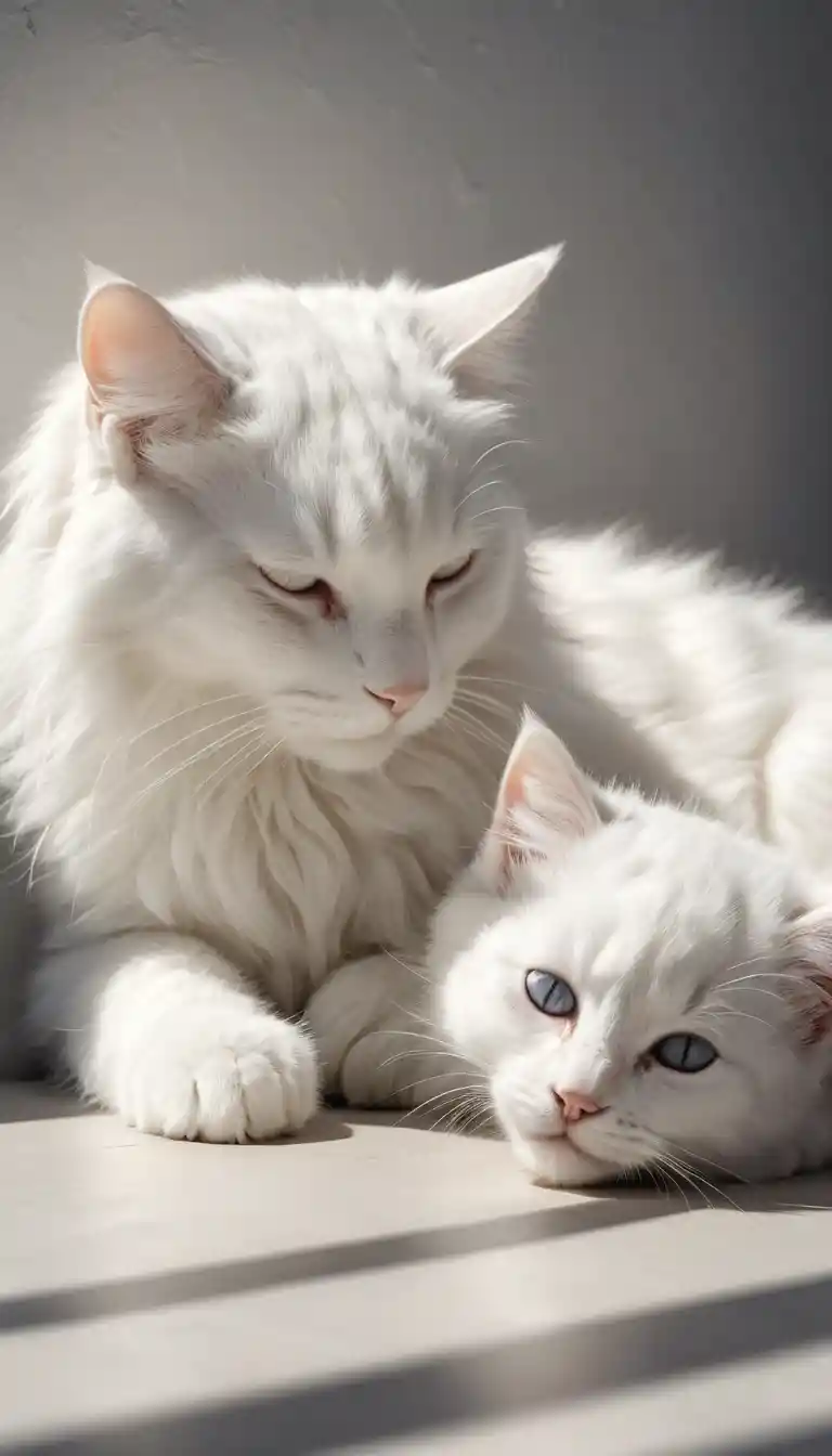 Grande mural de gato branco vigiando um gatinho dormindo