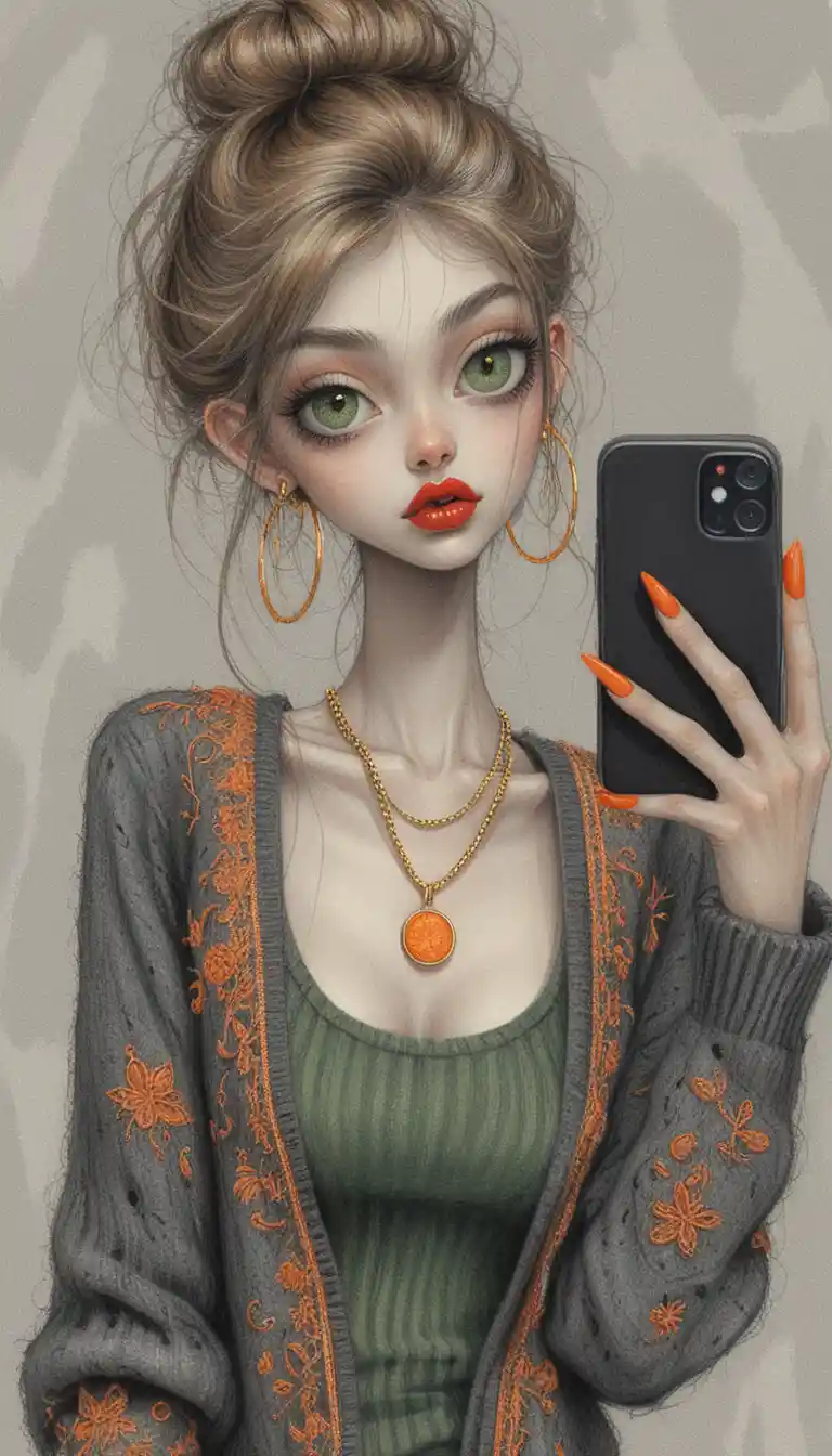 Pop art girl taking a selfie with big eyes and hoops