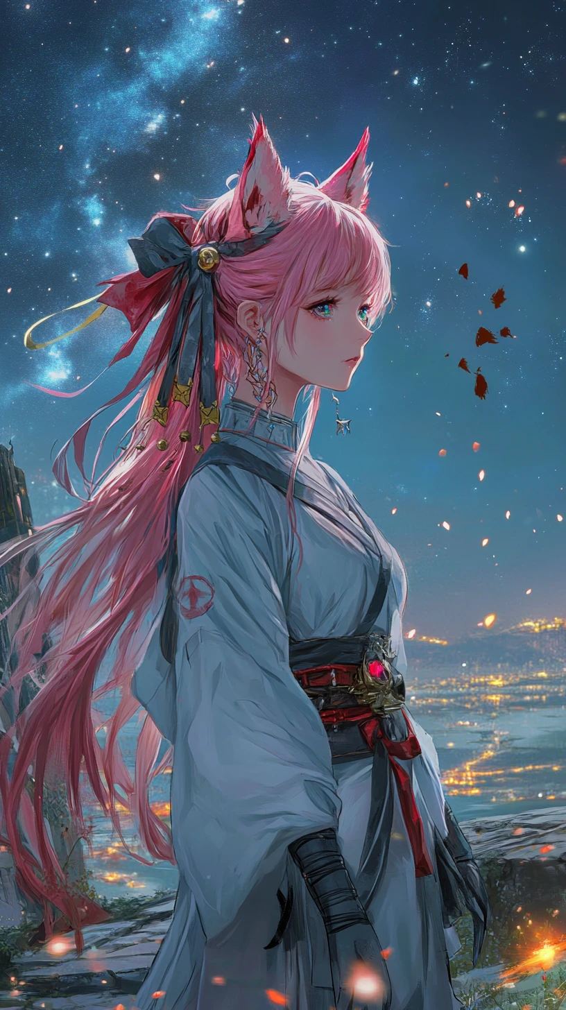 Chica de anime de cabello rosa con atuendo de fantasía detallado