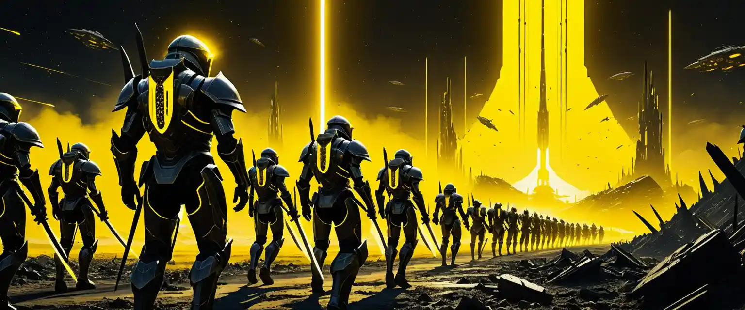 Exército de robôs futuristas marchando por um deserto arruinado