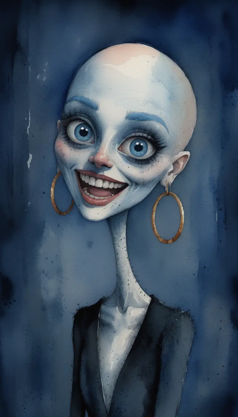 Dark fantasy caricature of a bald woman with long neck