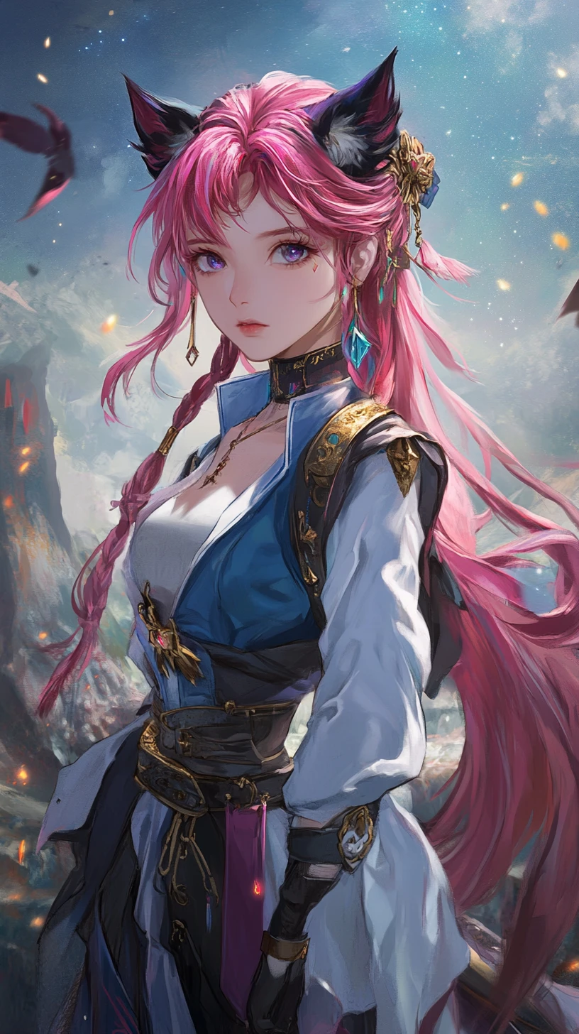 Chica de anime con elaborado atuendo, cabello rosa y boina