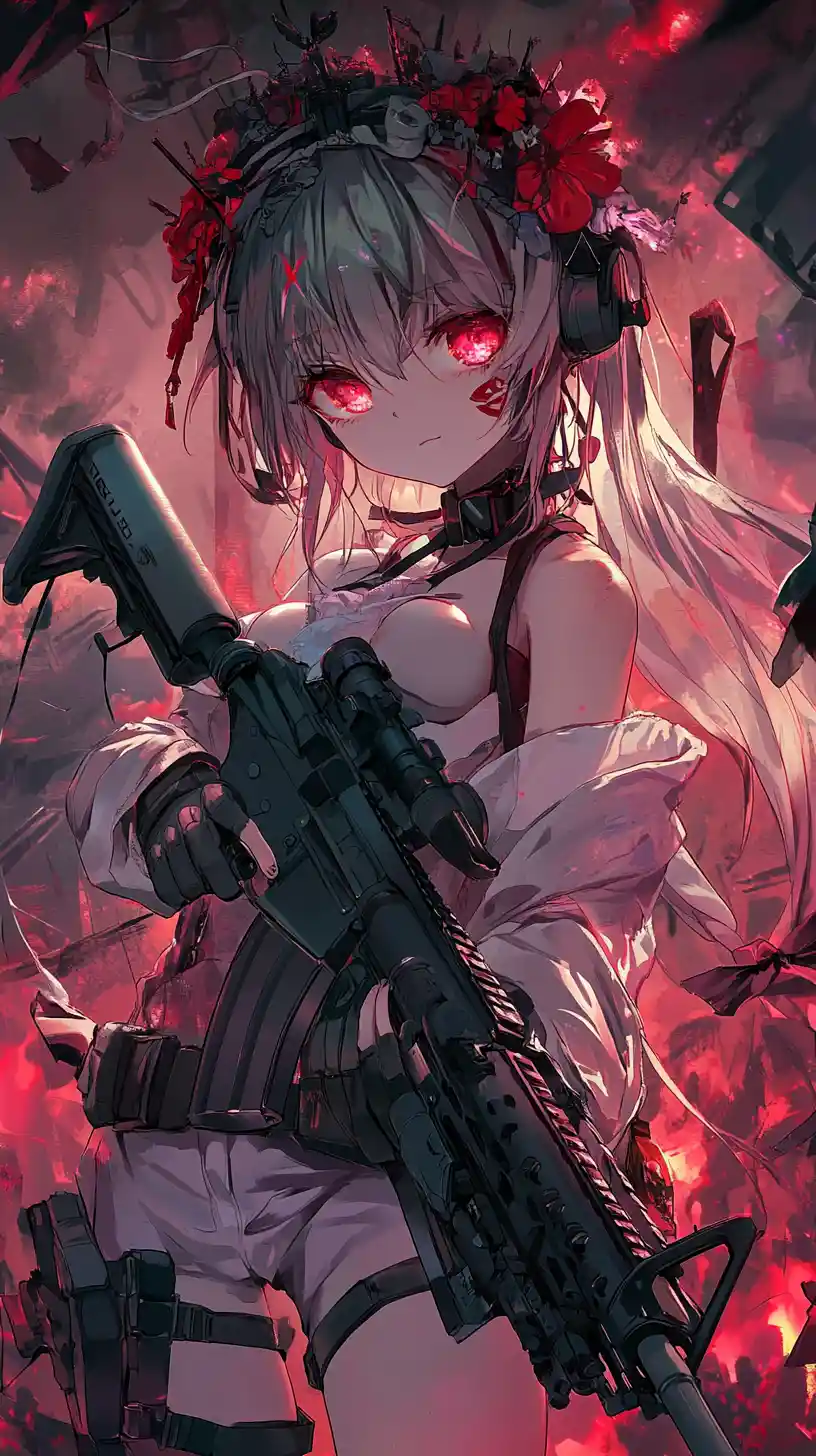 Chica anime apuntando con un rifle en una zona de guerra urbana en llamas