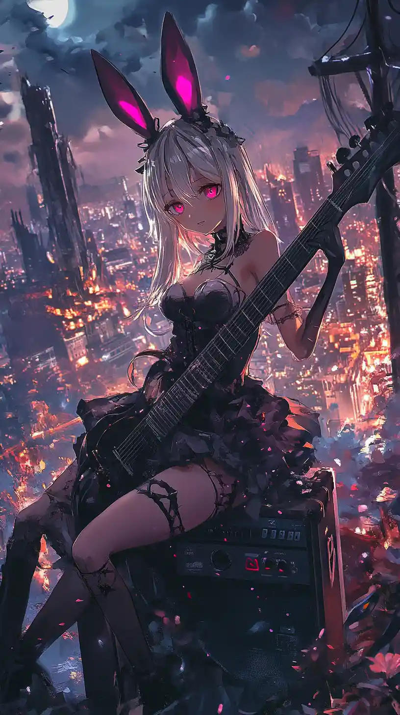 Anime girl playing guitar by a beach bonfire at night