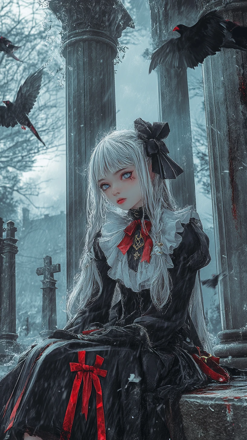 Chica anime con espada carmesí en un salón en ruinas