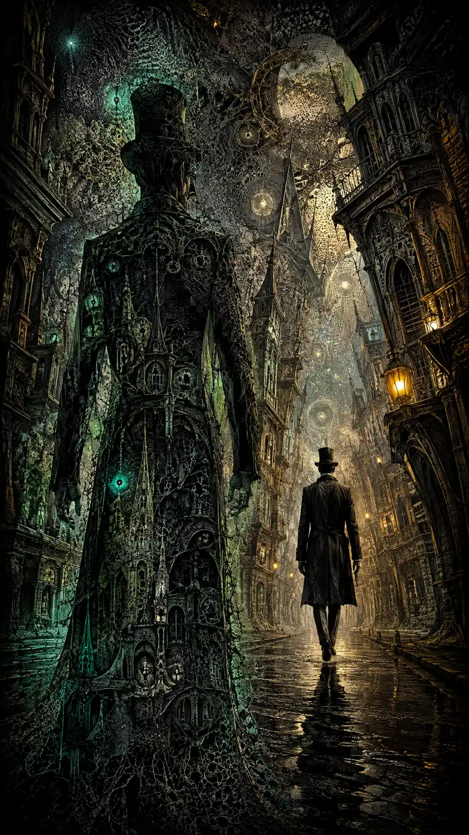 Homem espectral caminhando por rua gótica surreal