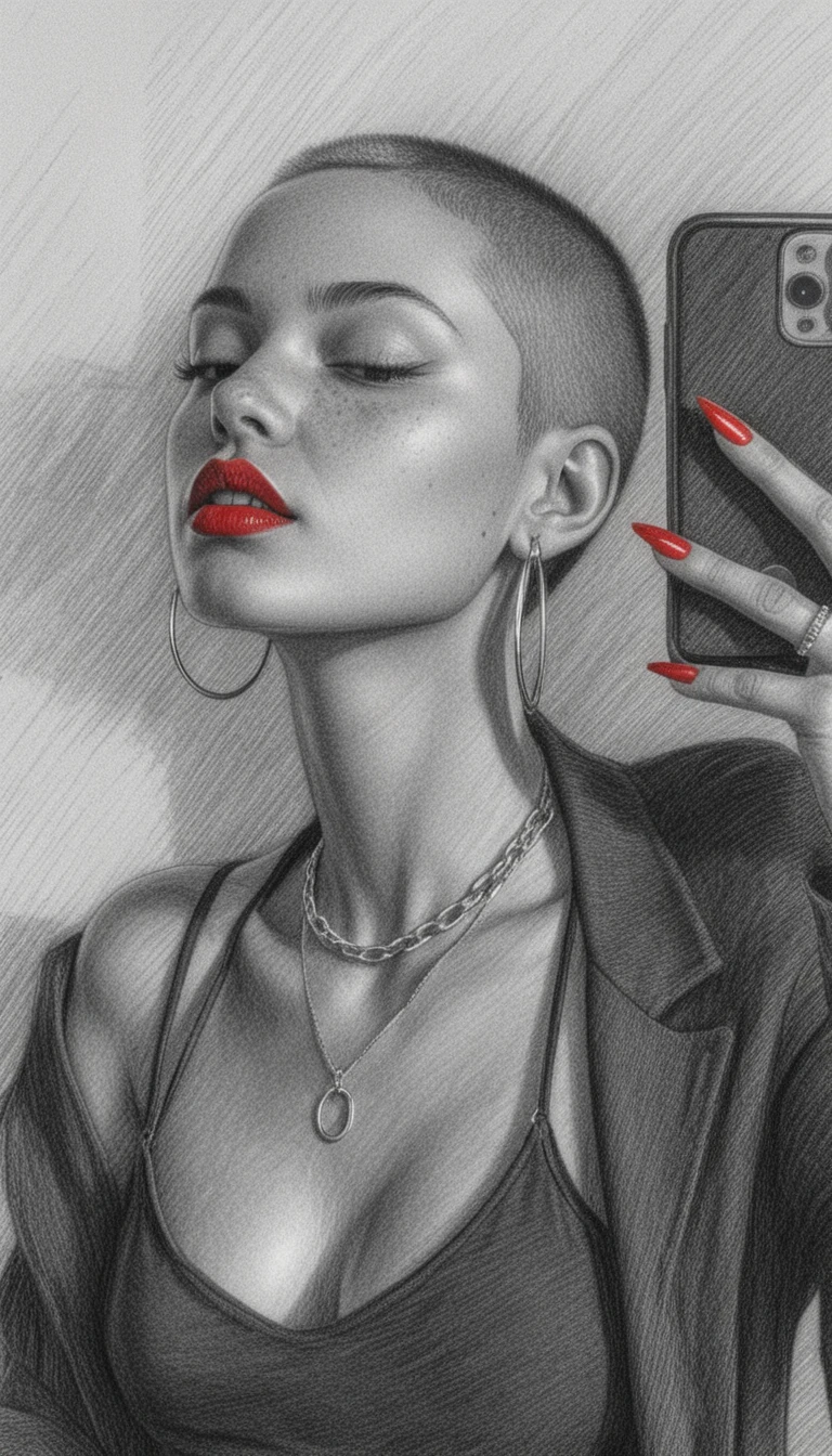 Retrato en grafito de una mujer haciéndose un selfie en el espejo con confianza