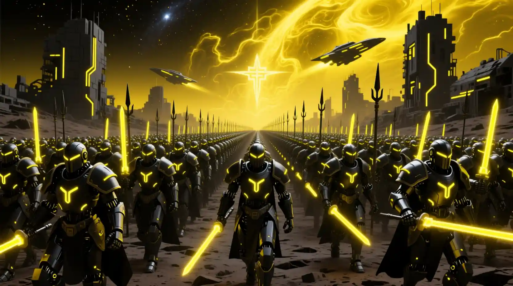 Exército futurista de cavaleiros robóticos atravessando um deserto arruinado