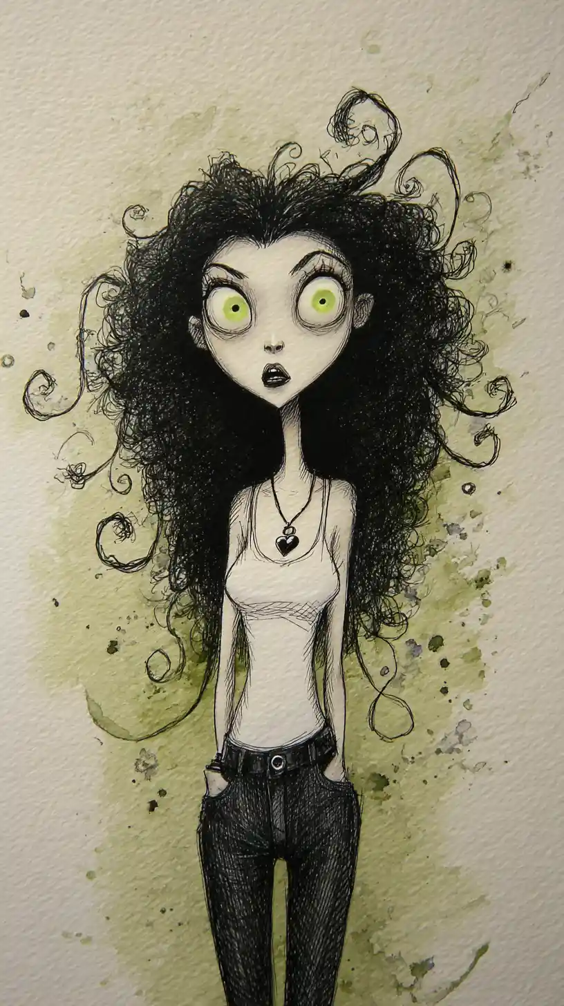 Gothic full body portrait of a pale woman in jeans