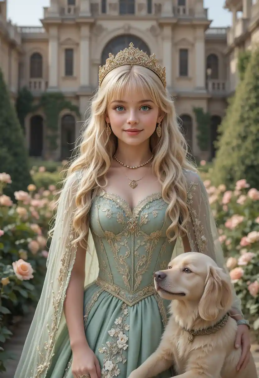 Blonde girl in green gown standing in a royal courtyard
