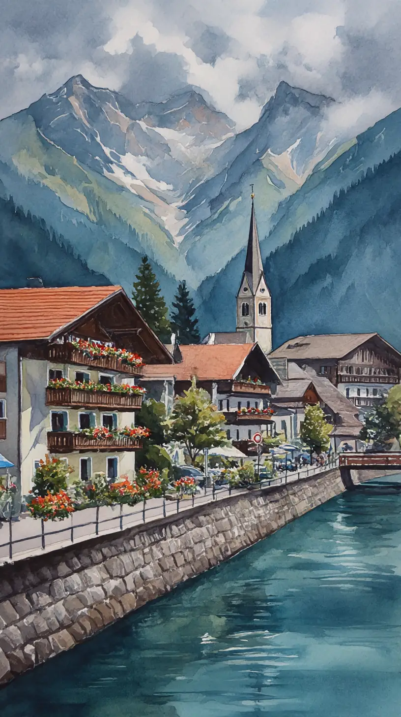 Watercolor alpine village by a calm river and mountains
