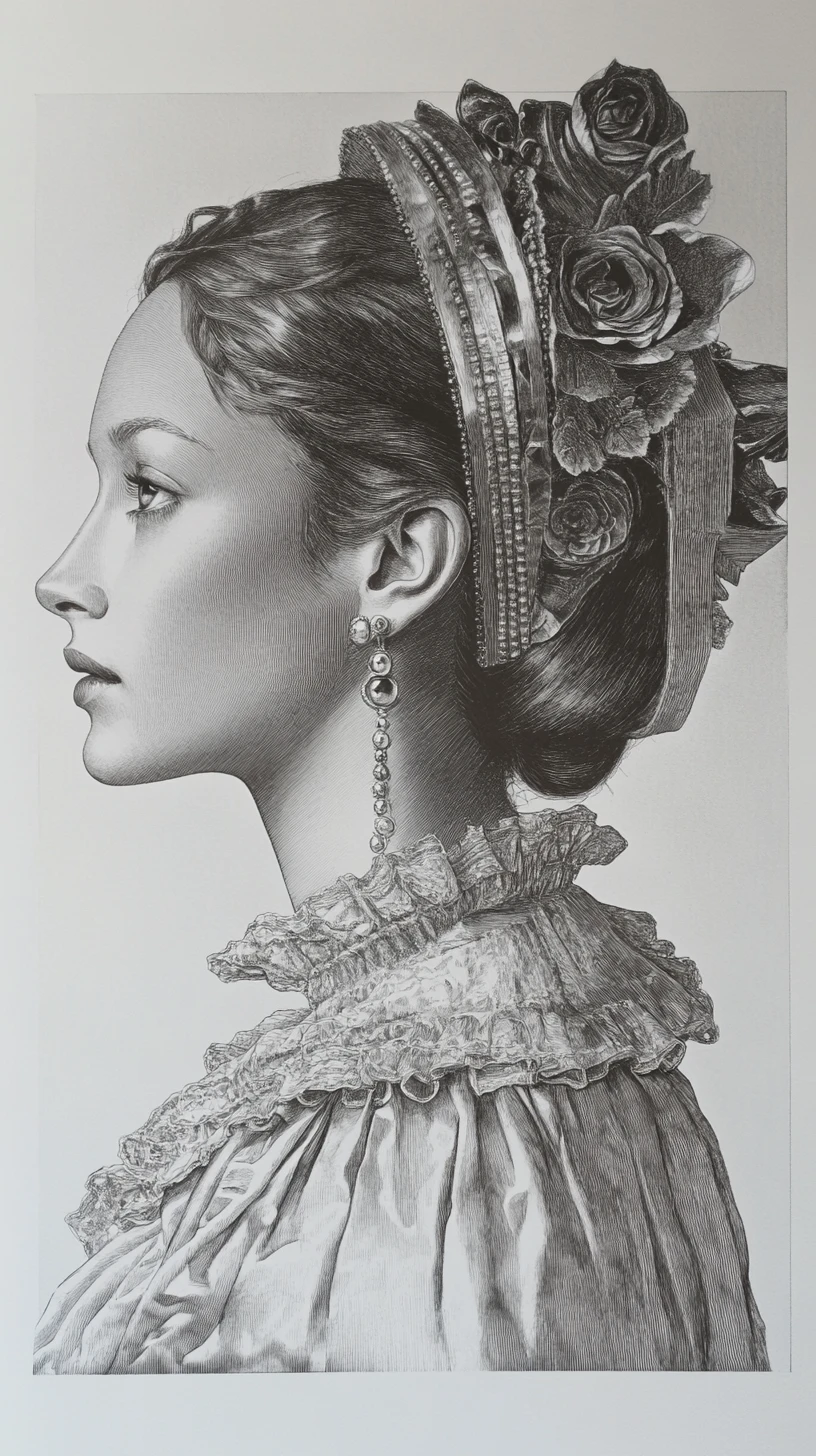 Retrato de perfil en carboncillo de una mujer contemplativa sobre dorado