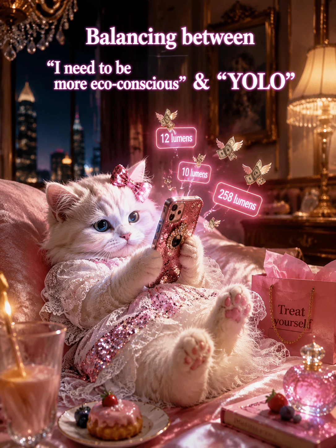 Cute white kitten on phone in a luxurious suite