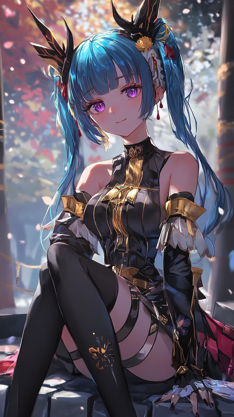 Blue haired anime girl in futuristic black outfit