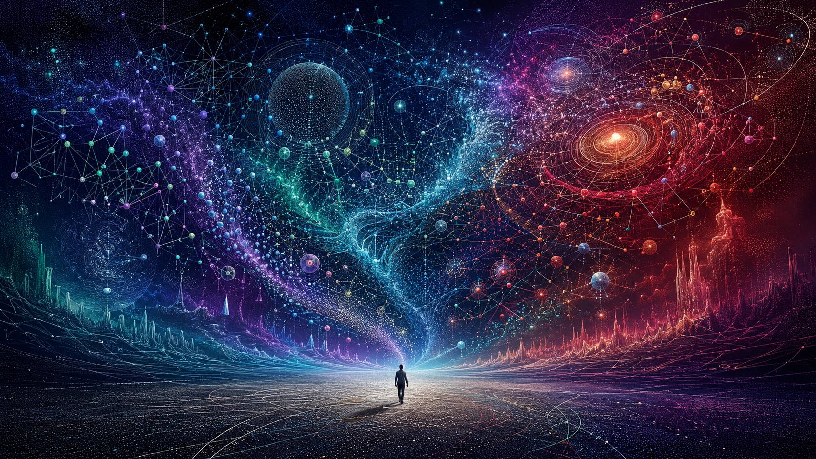 Minuscule humain transformant un univers cosmique de données ordonné