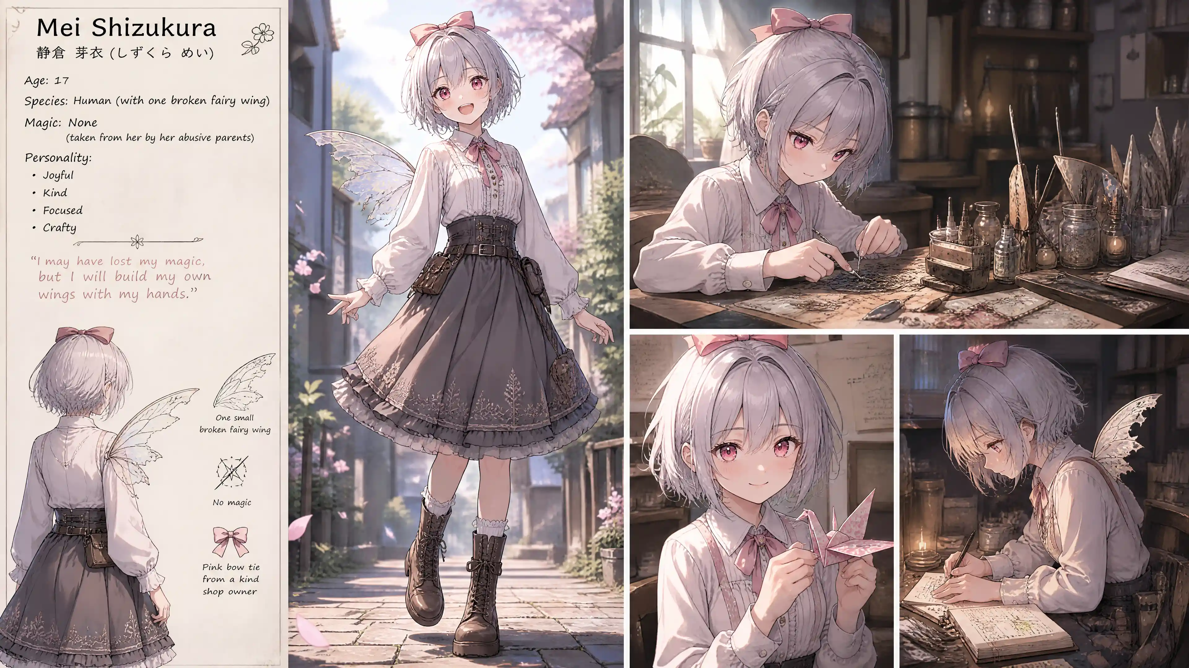 Chica de anime alegre de cabello plateado con una pequeña ala rota