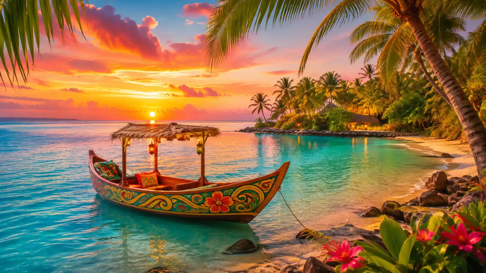 Colorful boat on tropical lagoon at sunset
