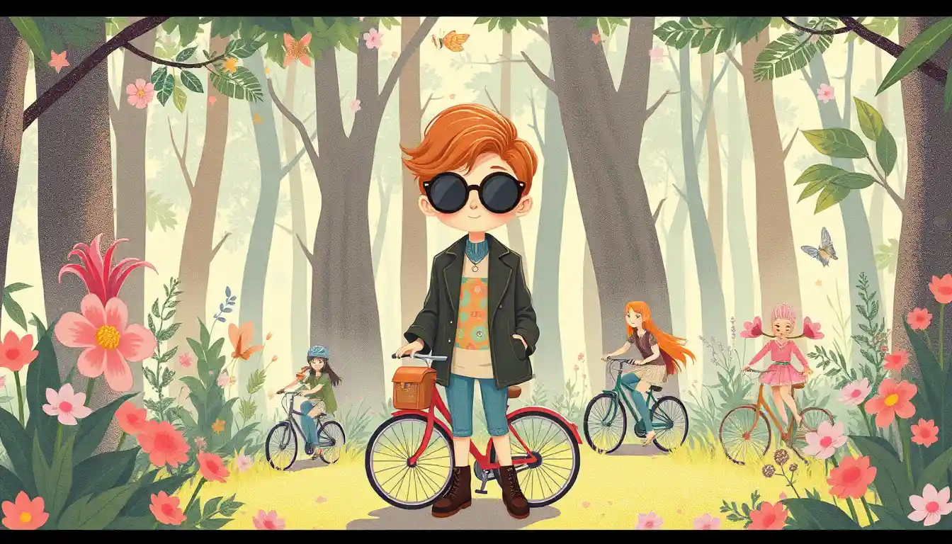 Whimsical pastel illustration of a cute character in nature
