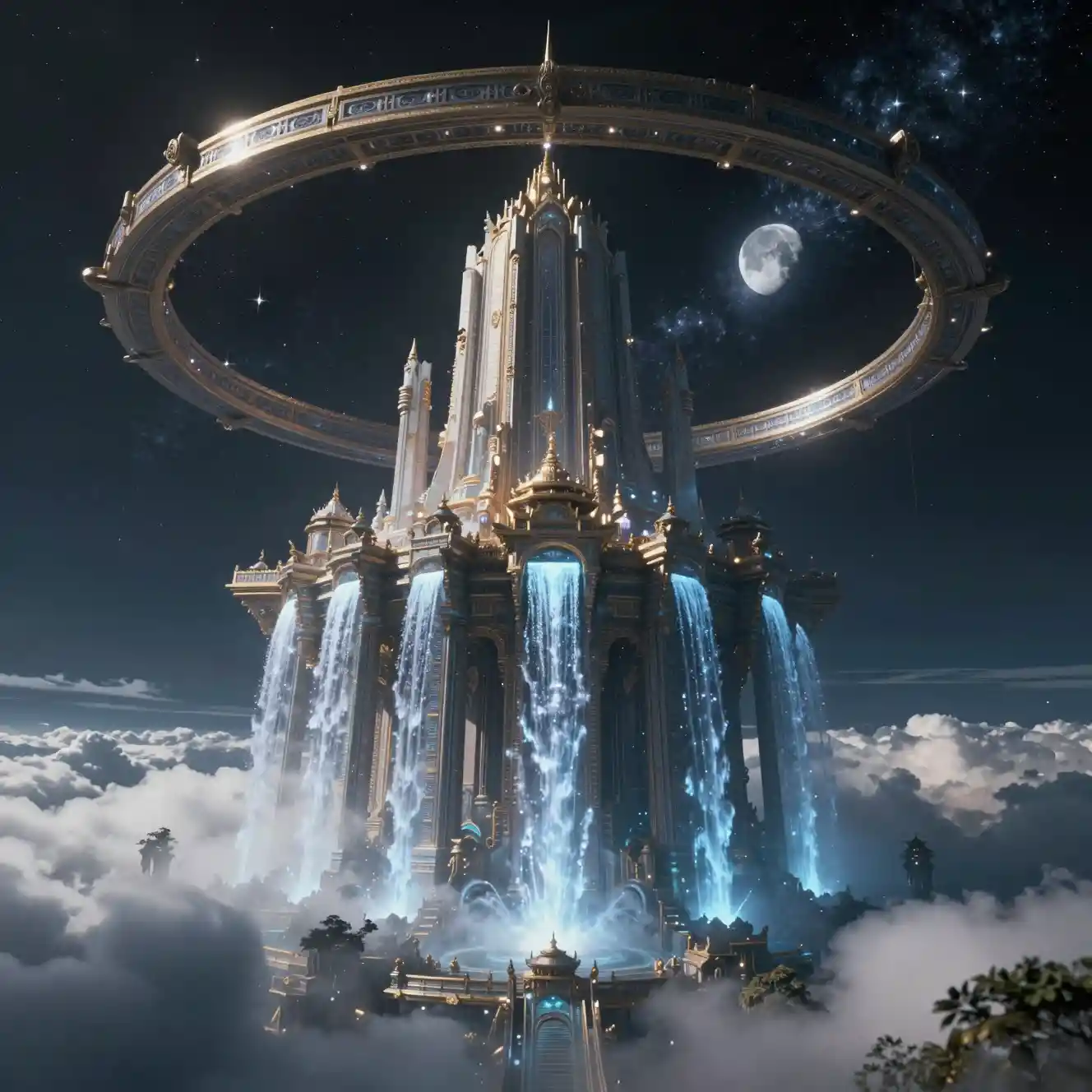 Templo antiguo flotando sobre nubes en el espacio profundo