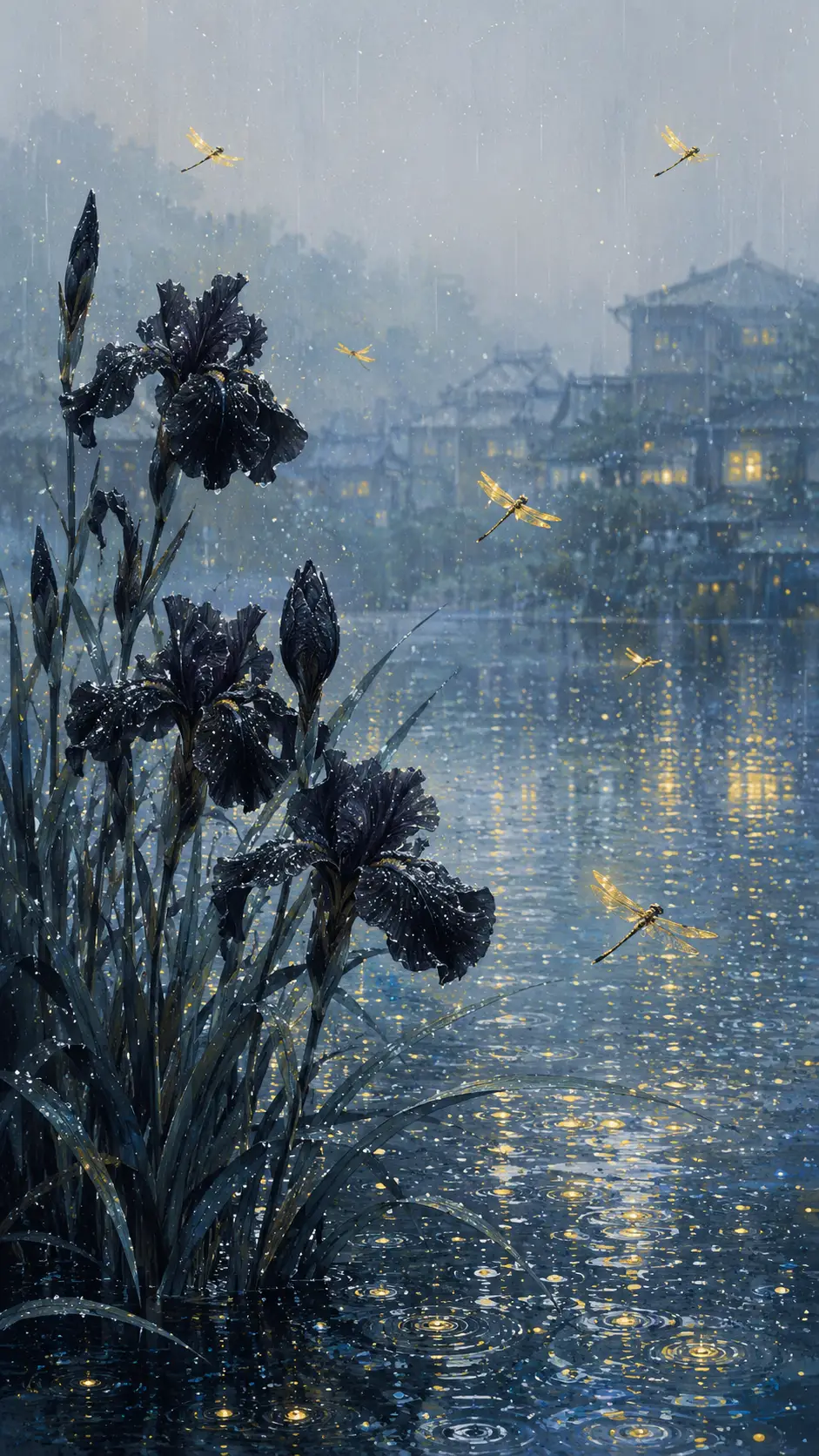 Black irises and yellow dragonflies by a rainy riverside