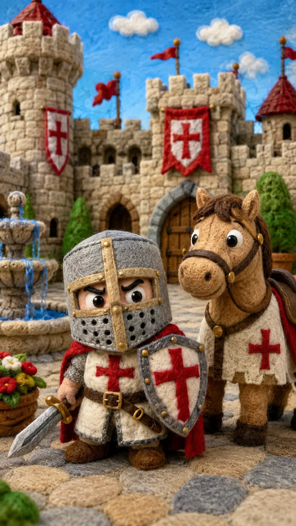 Pequeno cavaleiro cruzado de feltro em pátio de castelo medieval